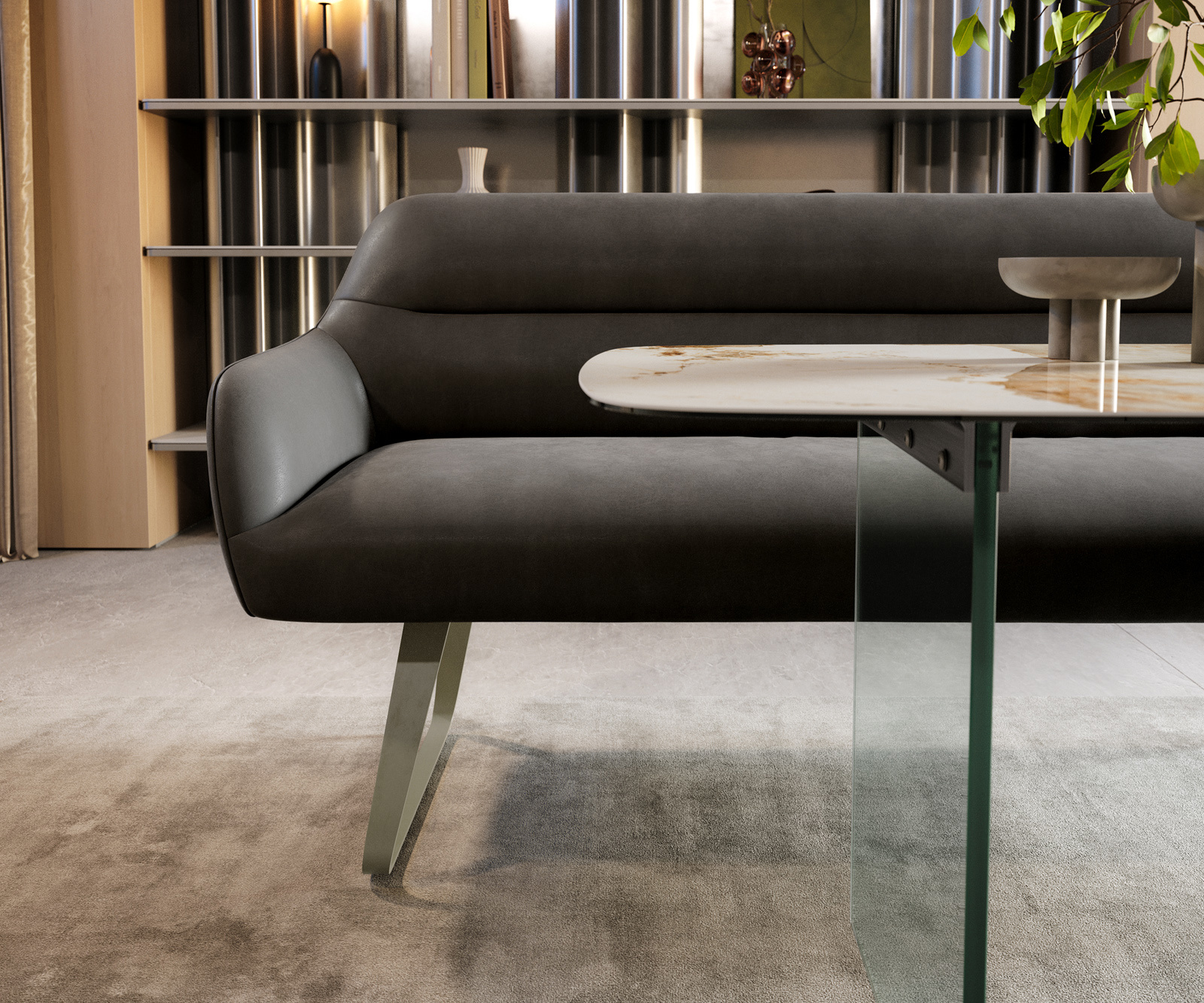 Jedálenská lavica Taya-Flex 300 cm mikrovlákno antracitová vintage tenká podstava plochý titánová farba vrecková pružina - Image 2