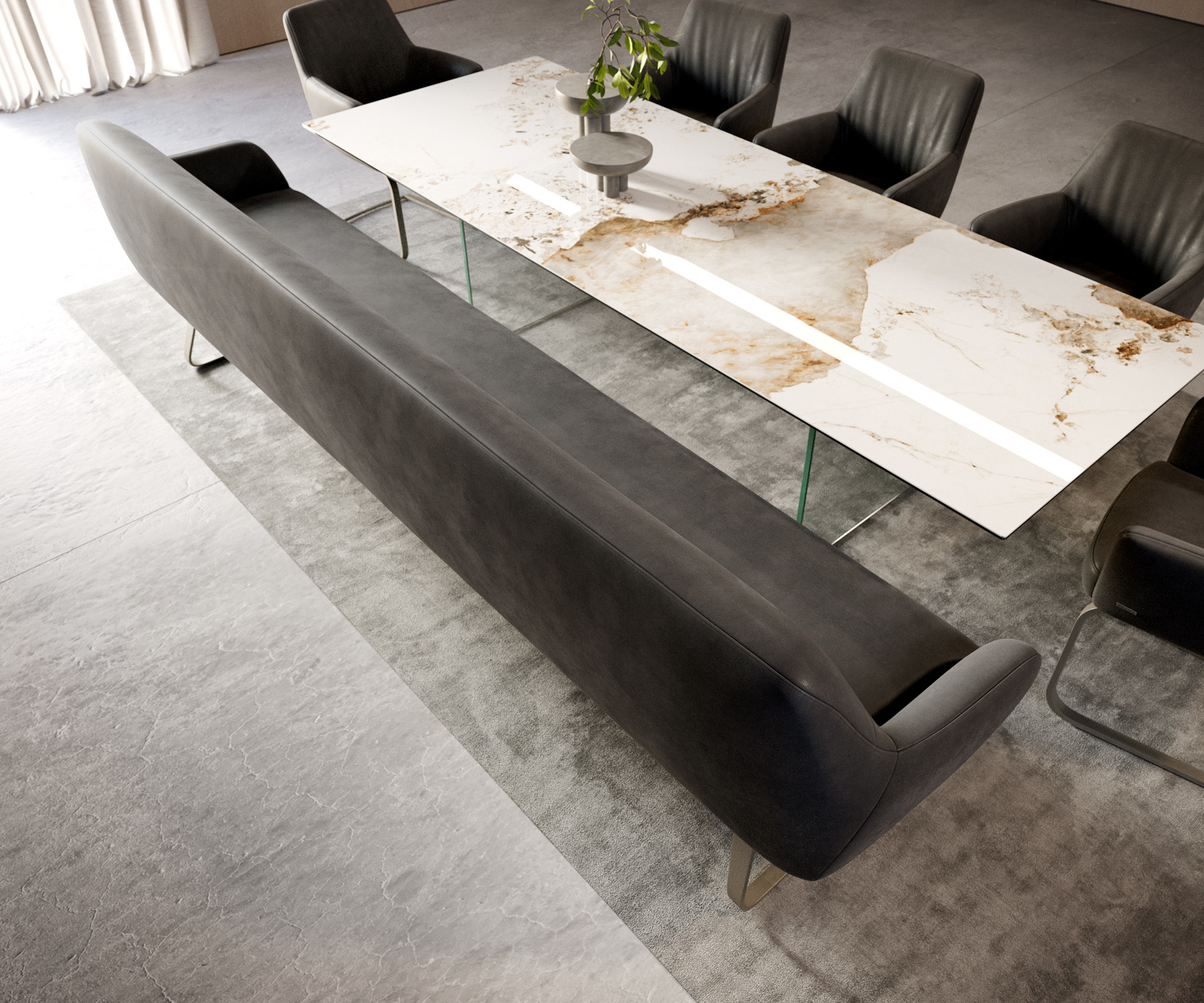 Jedálenská lavica Taya-Flex 300 cm mikrovlákno antracitová vintage tenká podstava plochý titánová farba vrecková pružina - Image 4