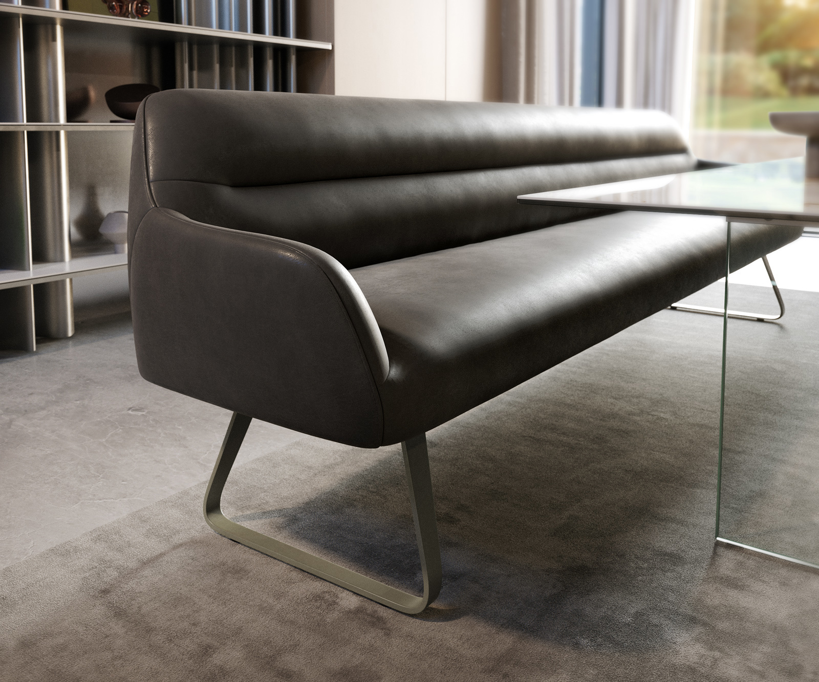 Jedálenská lavica Taya-Flex 300 cm mikrovlákno antracitová vintage tenká podstava plochý titánová farba vrecková pružina - Image 5