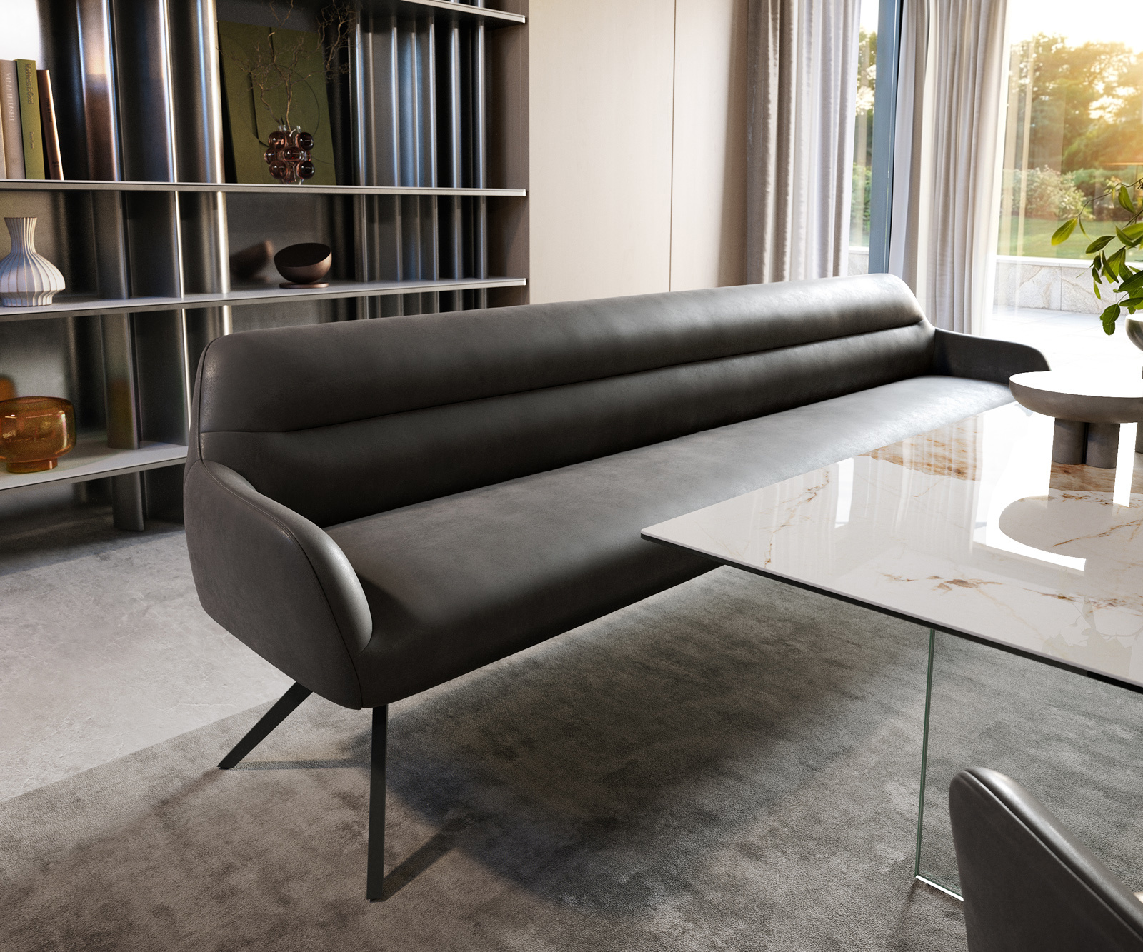 Jedálenská lavica Taya-Flex 300 cm mikrovlákno antracitová vintage krížová podstava hranatá čierna vrecková pružina