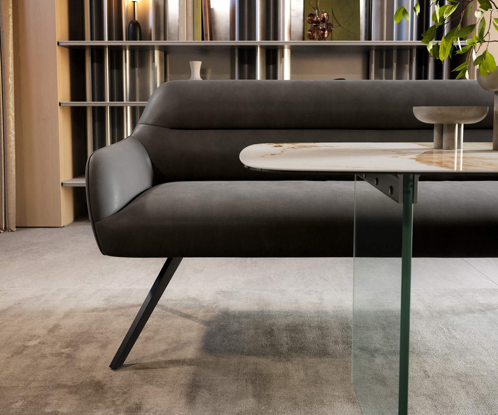 Jedálenská lavica Taya-Flex 300 cm mikrovlákno antracitová vintage krížová podstava hranatá čierna vrecková pružina - Image 2