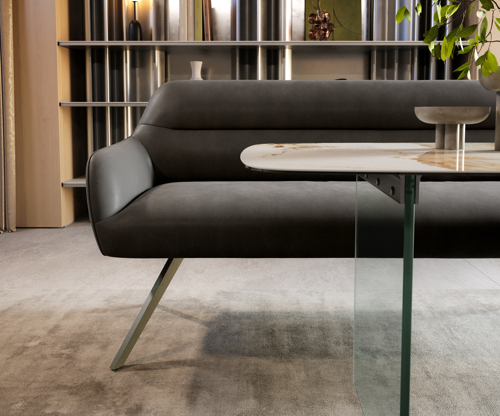 Jedálenská lavica Taya-Flex 300 cm mikrovlákno antracitová vintage krížová podstava hranatá titánová farba vrecková pružina - Image 2