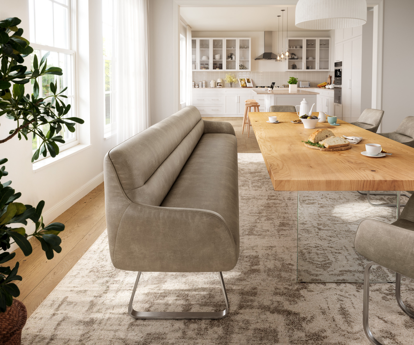 Jedálenská lavica Taya-Flex 300 cm mikrovlákno béžová vintage tenká podstava plochá nerezová oceľ vrecková pružina - Image 2