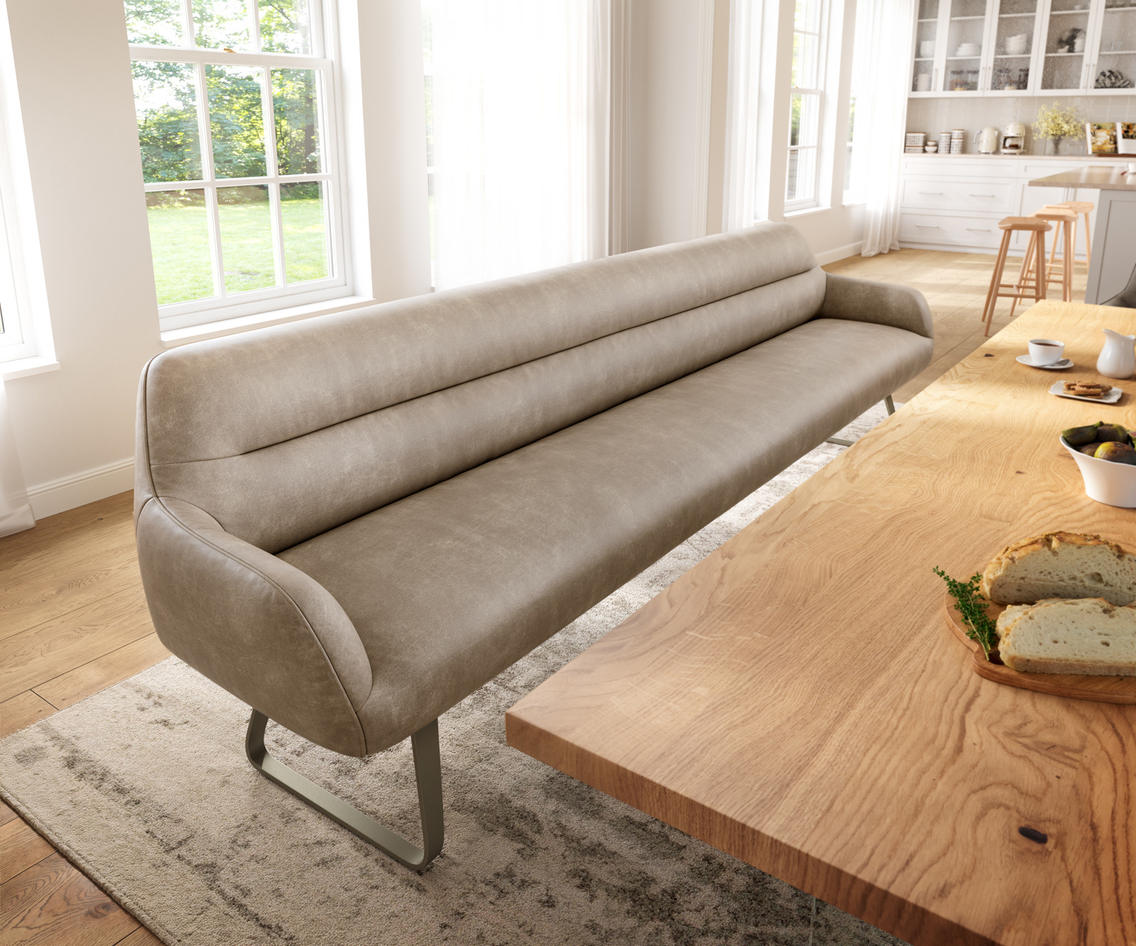 Jedálenská lavica Taya-Flex 300 cm mikrovlákno béžová vintage tenká podstava plochý titánová farba vrecková pružina