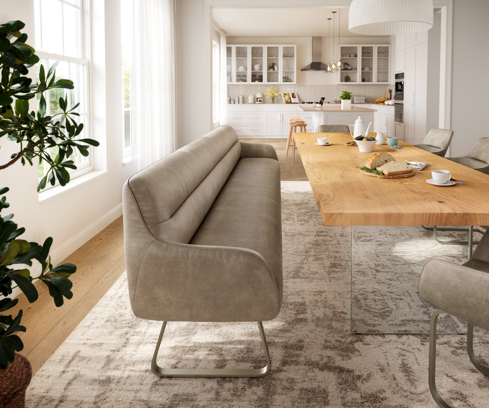 Jedálenská lavica Taya-Flex 300 cm mikrovlákno béžová vintage tenká podstava plochý titánová farba vrecková pružina - Image 2