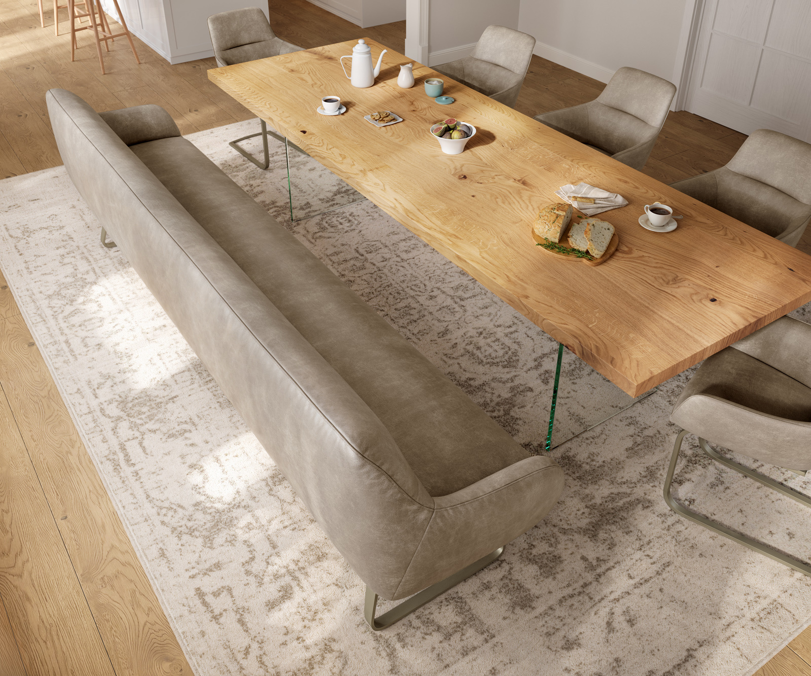 Jedálenská lavica Taya-Flex 300 cm mikrovlákno béžová vintage tenká podstava plochý titánová farba vrecková pružina - Image 4