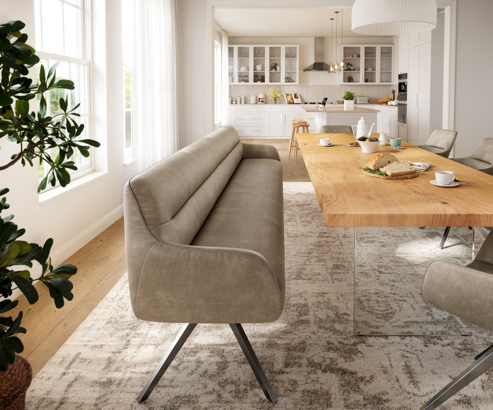 Jedálenská lavica Taya-Flex 300 cm mikrovlákno béžová vintage krížová podstava hranatá grafitová vrecková pružina - Image 2