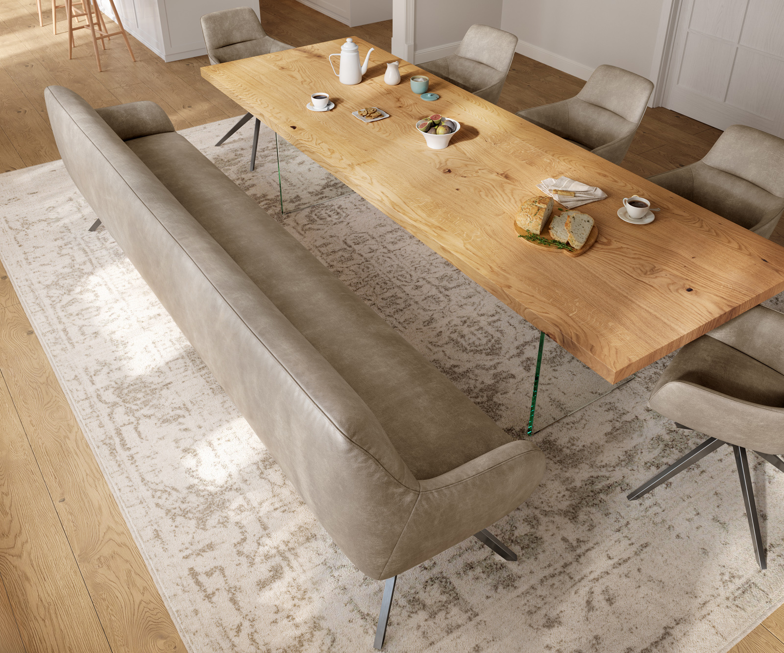 Jedálenská lavica Taya-Flex 300 cm mikrovlákno béžová vintage krížová podstava hranatá grafitová vrecková pružina - Image 4