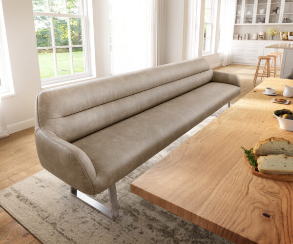 Jedálenská lavica Taya-Flex 300 cm mikrovlákno béžová vintage tenká podstava hranatá nerezová oceľ vrecková pružina