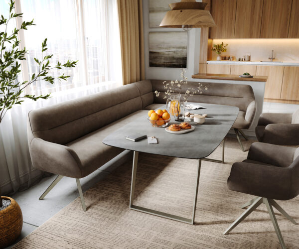 Jedálenská lavica Taya-Flex 285×190 cm mikrovlákno taupe vintage krížová podstava hranatá titánová farba vrecková pružina ľavá