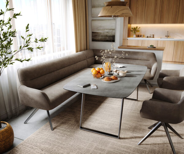 Jedálenská lavica Taya-Flex 285×190 cm mikrovlákno taupe vintage krížová podstava hranatá grafitová vrecková pružina ľavá