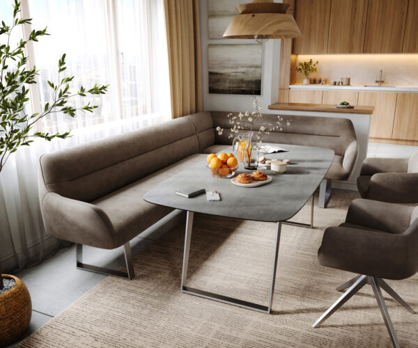Jedálenská lavica Taya-Flex 285×190 cm mikrovlákno taupe vintage tenká podstava hranatá nerezová oceľ vrecková pružina ľavá