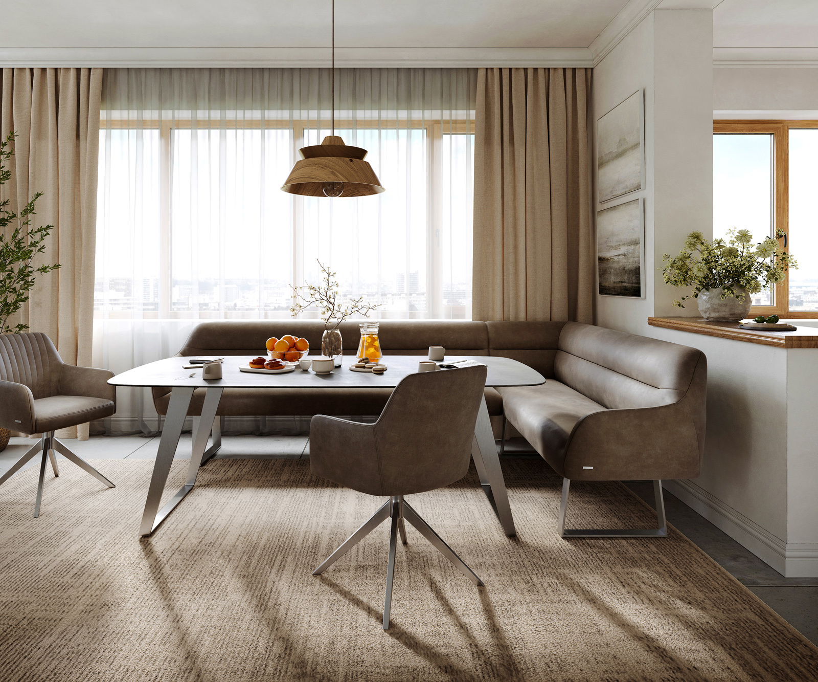 Jedálenská lavica Taya-Flex 285×190 cm mikrovlákno taupe vintage tenká podstava hranatá nerezová oceľ vrecková pružina ľavá - Image 2