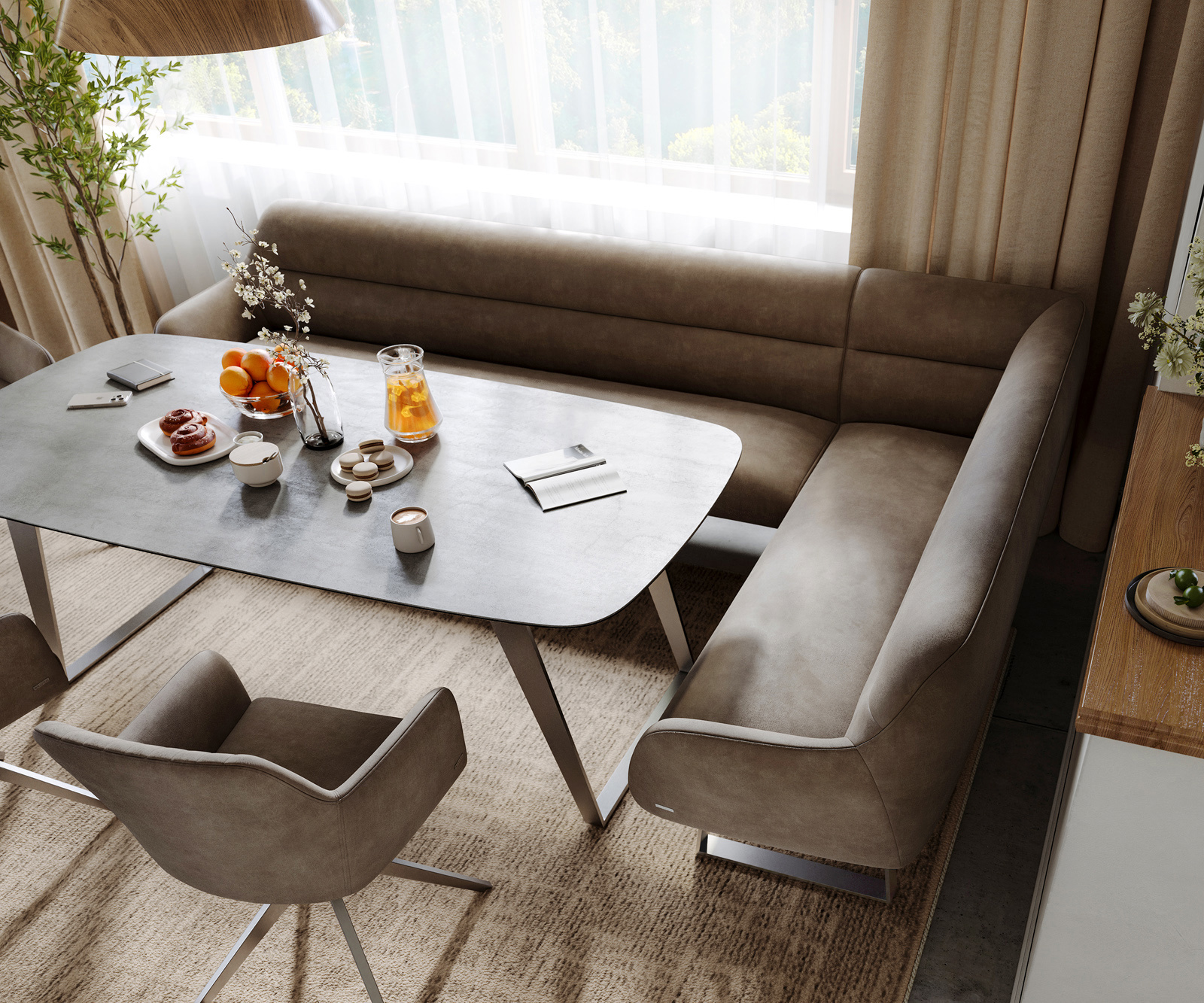 Jedálenská lavica Taya-Flex 285×190 cm mikrovlákno taupe vintage tenká podstava hranatá nerezová oceľ vrecková pružina ľavá - Image 4