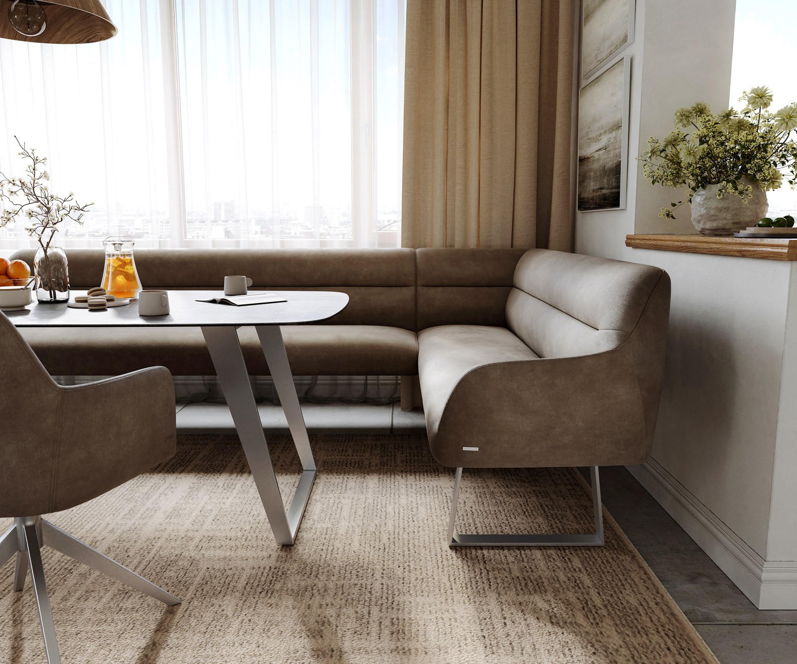 Jedálenská lavica Taya-Flex 285×190 cm mikrovlákno taupe vintage tenká podstava hranatá nerezová oceľ vrecková pružina ľavá - Image 5