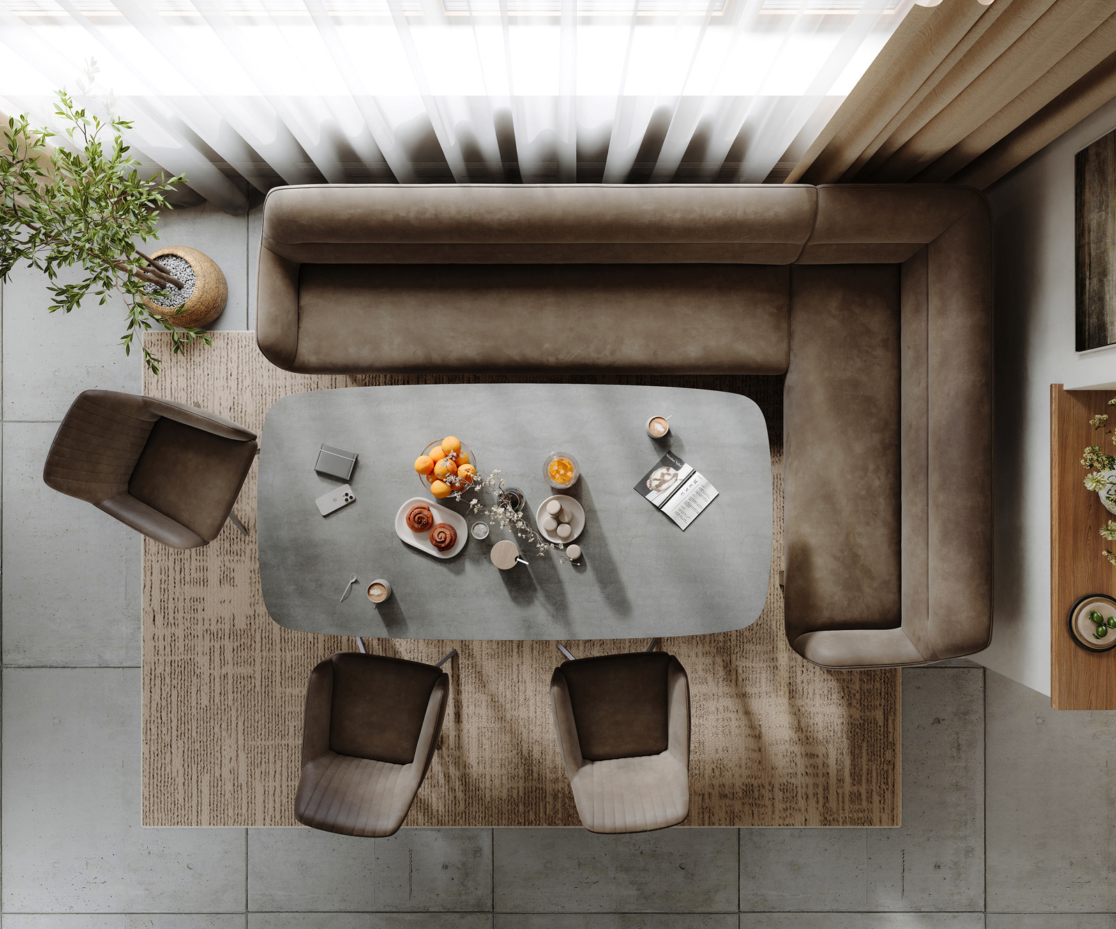 Jedálenská lavica Taya-Flex 285×190 cm mikrovlákno taupe vintage tenká podstava hranatá nerezová oceľ vrecková pružina ľavá - Image 6