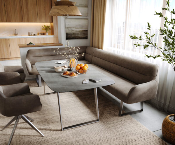 Jedálenská lavica Taya-Flex 285×190 cm mikrovlákno taupe vintage tenká podstava hranatá nerezová oceľ vrecková pružina pravá