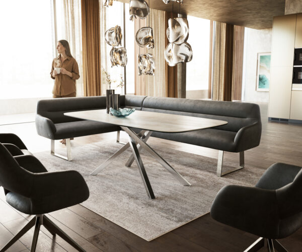 Jedálenská lavica Taya-Flex 285×190 cm mikrovlákno antracitová vintage tenká podstava hranatá nerezová oceľ vrecková pružina pravá