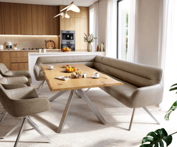 Jedálenská lavica Taya-Flex 285×190 cm mikrovlákno béžová vintage krížová podstava hranatá nerezová oceľ vrecková pružina pravá