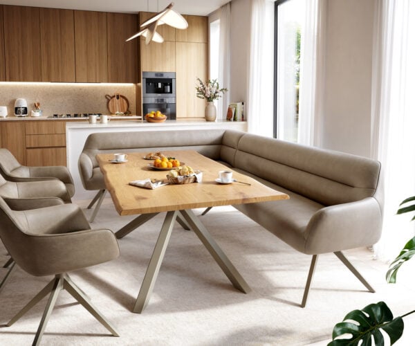 Jedálenská lavica Taya-Flex 285×190 cm mikrovlákno béžová vintage krížová podstava hranatá titánová farba vrecková pružina pravá