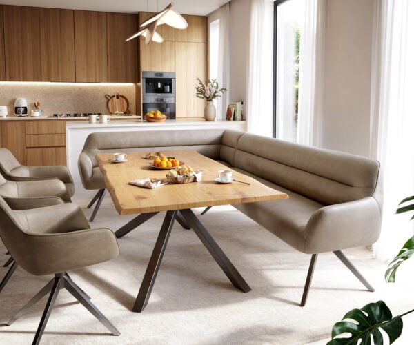 Jedálenská lavica Taya-Flex 285×190 cm mikrovlákno béžová vintage krížová podstava hranatá grafitová vrecková pružina pravá