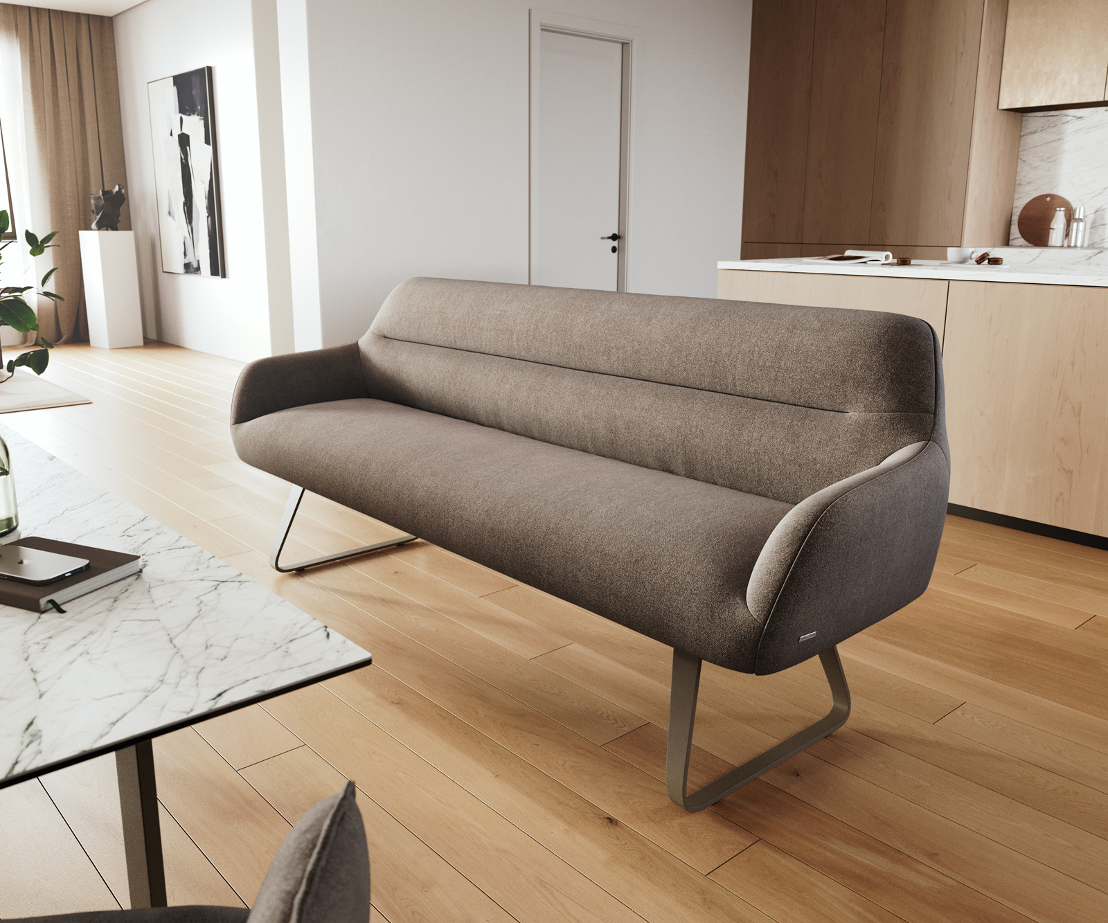 Jedálenská lavica Taya-Flex 200 cm texturovaná látka mäkká taupe tenká podstava plochý titánová farba vrecková pružina