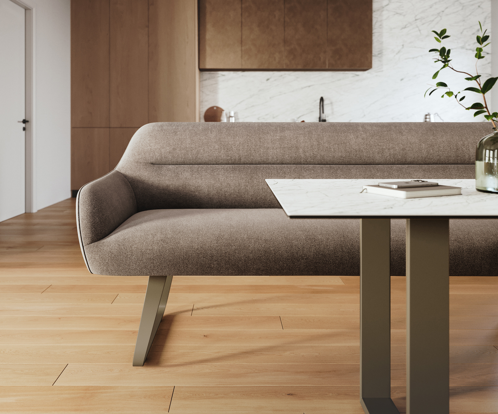 Jedálenská lavica Taya-Flex 200 cm texturovaná látka mäkká taupe tenká podstava plochý titánová farba vrecková pružina - Image 2