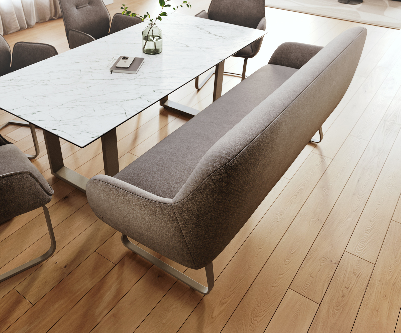 Jedálenská lavica Taya-Flex 200 cm texturovaná látka mäkká taupe tenká podstava plochý titánová farba vrecková pružina - Image 4