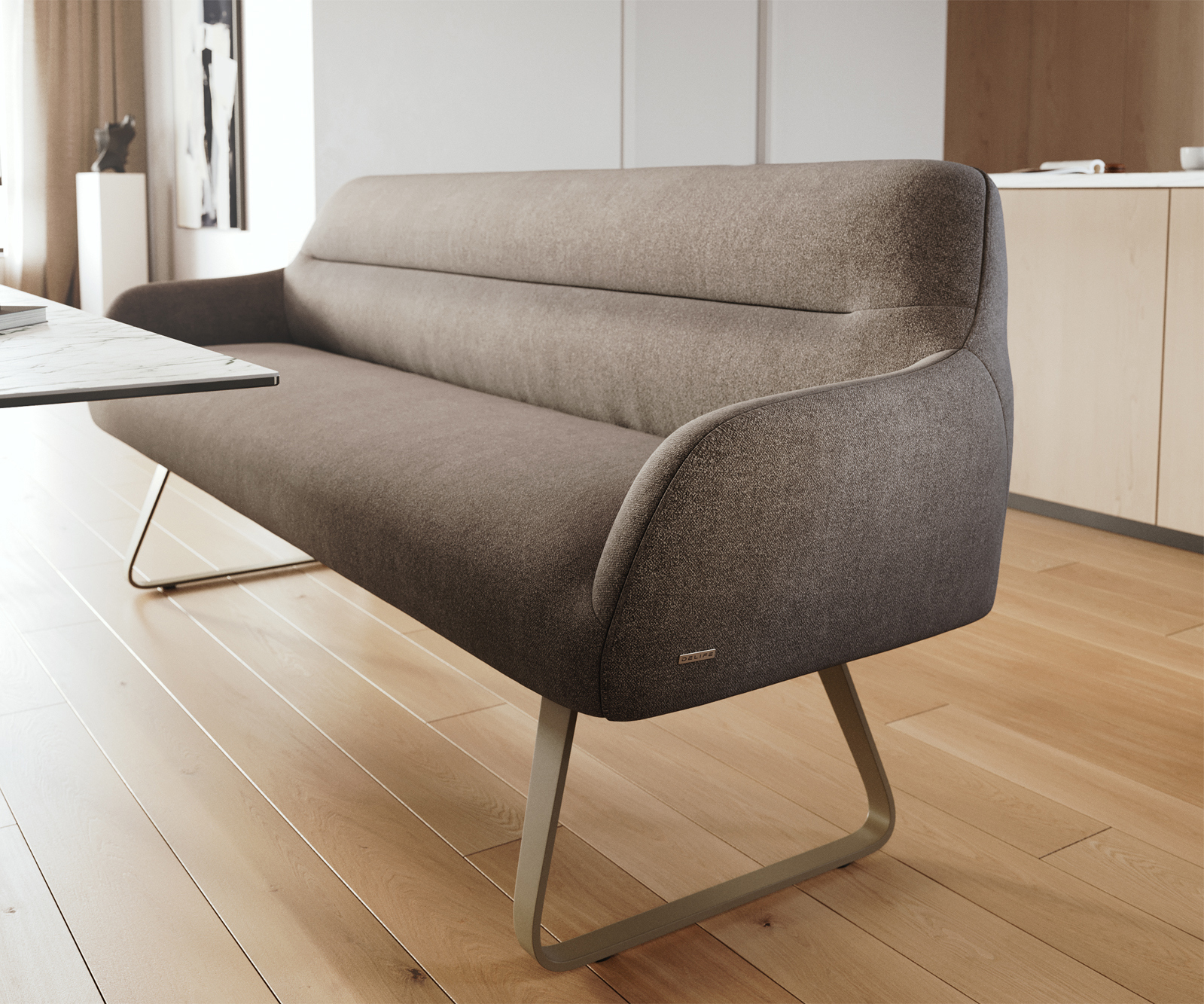 Jedálenská lavica Taya-Flex 200 cm texturovaná látka mäkká taupe tenká podstava plochý titánová farba vrecková pružina - Image 5