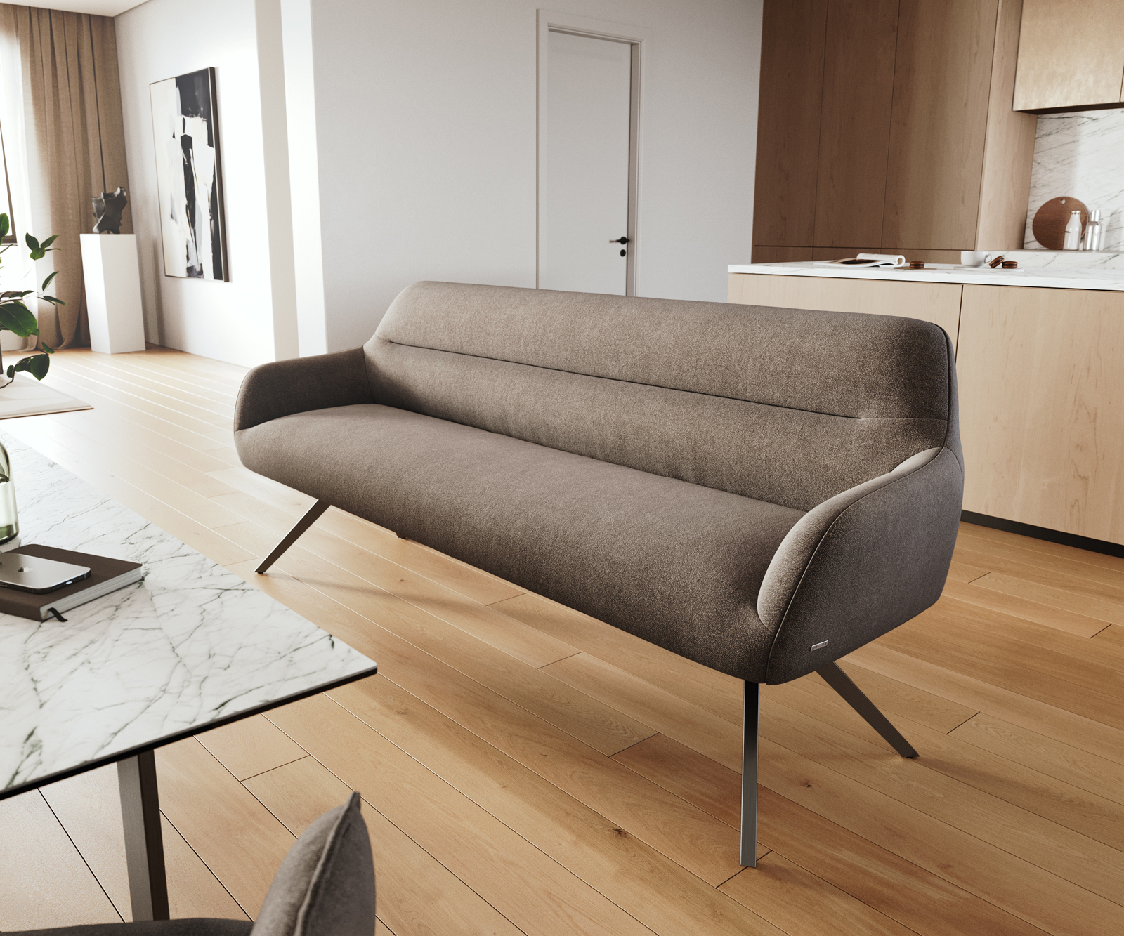 Jedálenská lavica Taya-Flex 200 cm texturovaná látka mäkká taupe krížová podstava hranatá čierna vrecková pružina