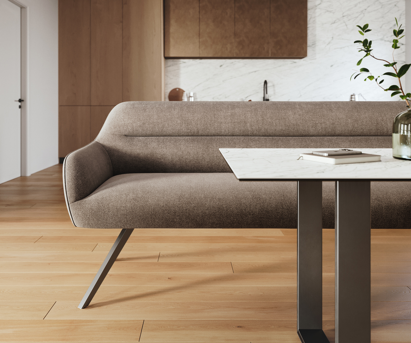 Jedálenská lavica Taya-Flex 200 cm texturovaná látka mäkká taupe krížová podstava hranatá čierna vrecková pružina - Image 2