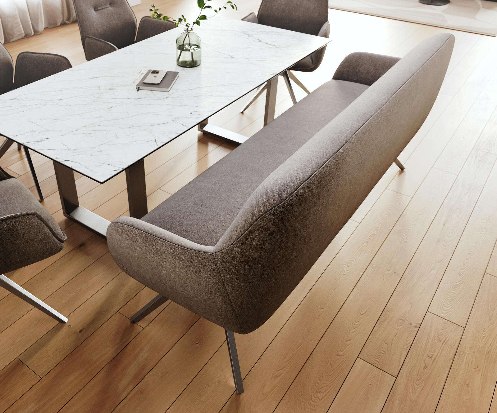 Jedálenská lavica Taya-Flex 200 cm texturovaná látka mäkká taupe krížová podstava hranatá čierna vrecková pružina - Image 4