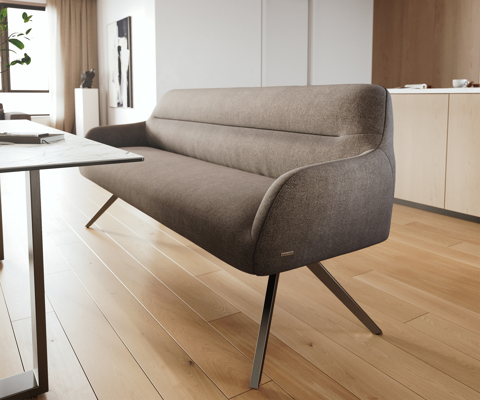 Jedálenská lavica Taya-Flex 200 cm texturovaná látka mäkká taupe krížová podstava hranatá čierna vrecková pružina - Image 5