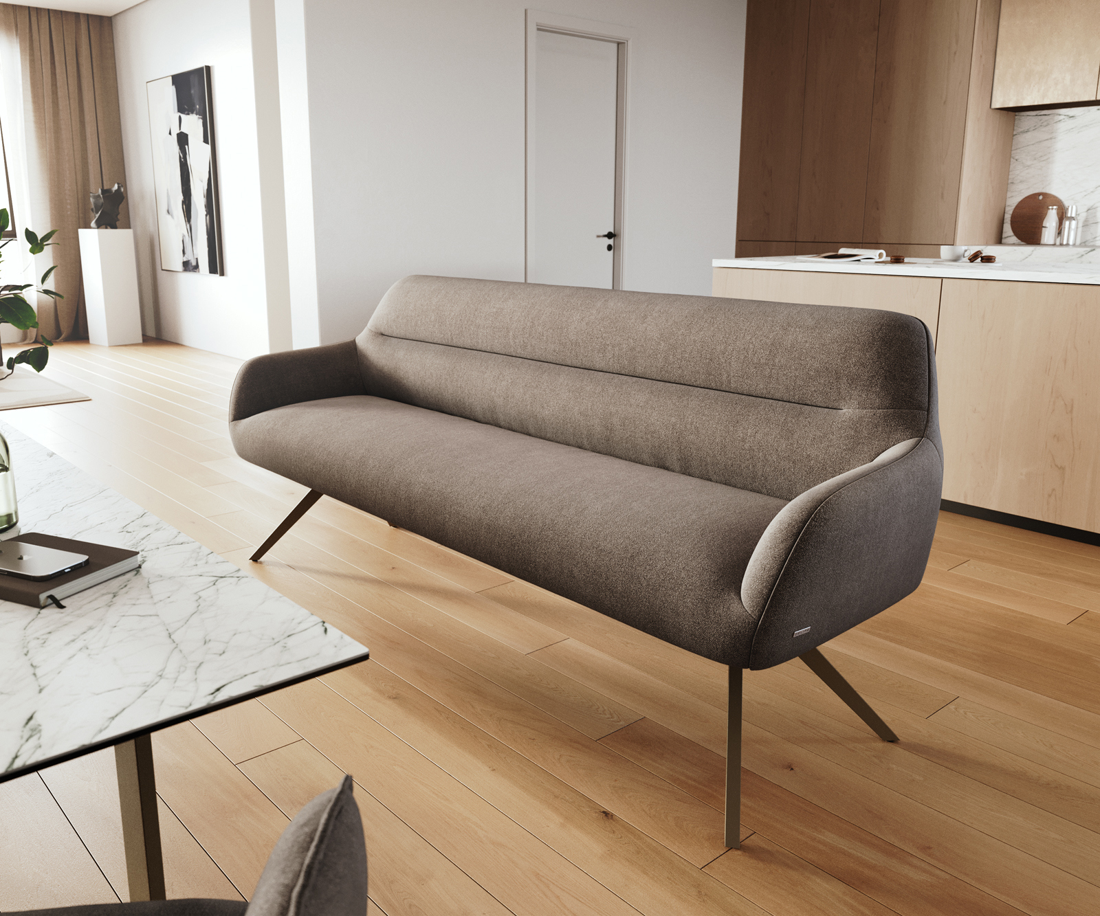 Jedálenská lavica Taya-Flex 200 cm texturovaná látka mäkká taupe krížová podstava hranatá titánová farba vrecková pružina