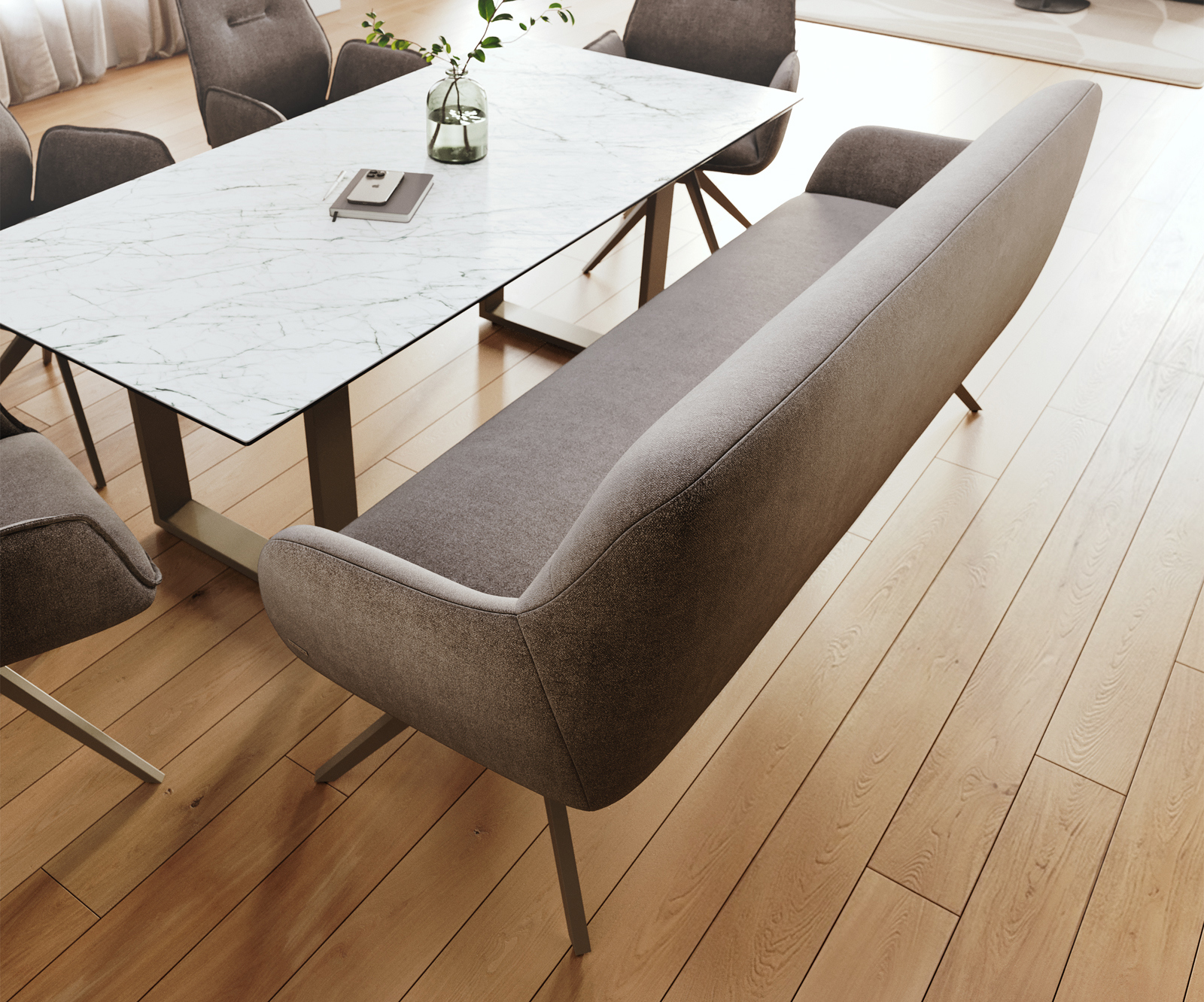 Jedálenská lavica Taya-Flex 200 cm texturovaná látka mäkká taupe krížová podstava hranatá titánová farba vrecková pružina - Image 4