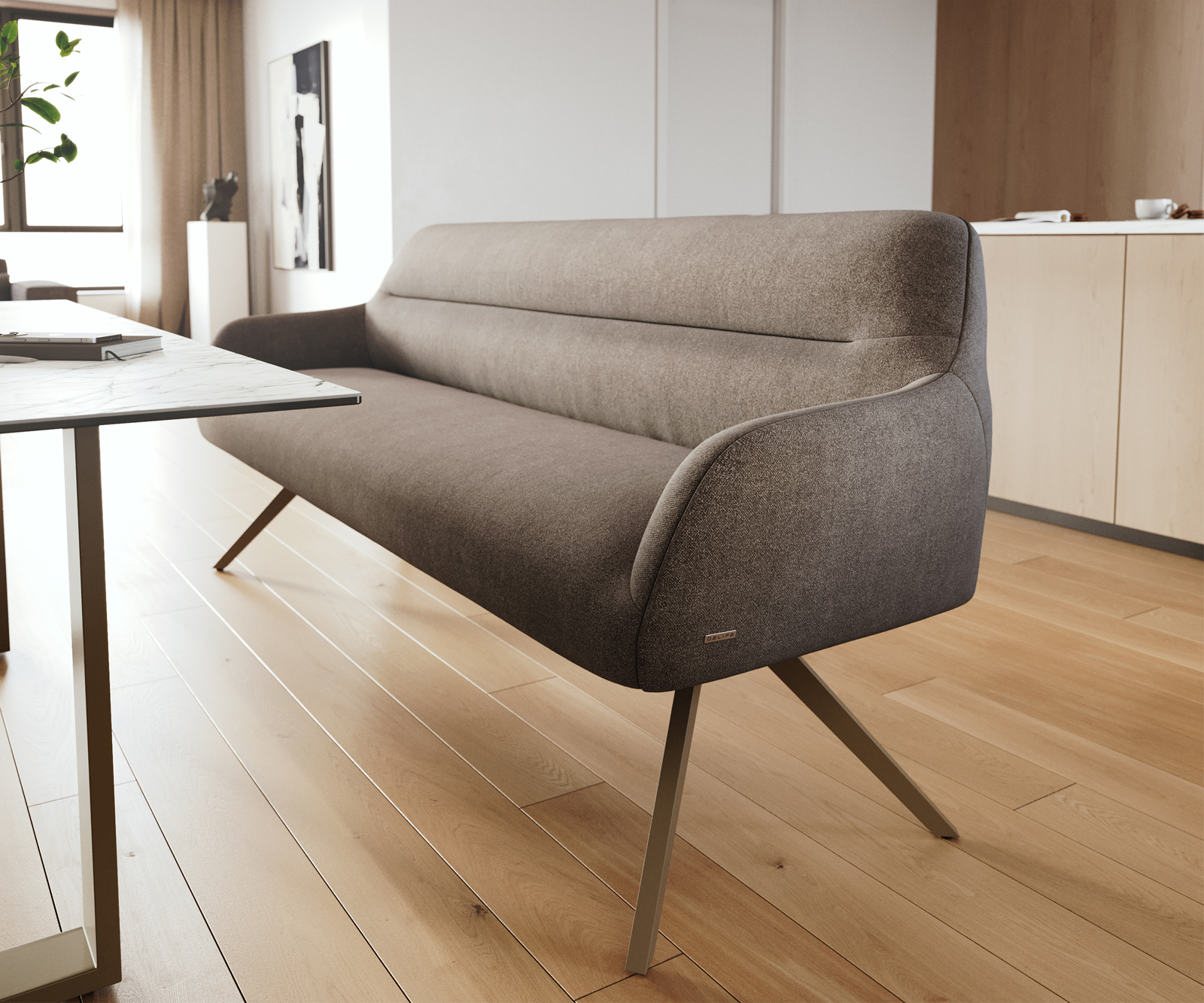 Jedálenská lavica Taya-Flex 200 cm texturovaná látka mäkká taupe krížová podstava hranatá titánová farba vrecková pružina - Image 5