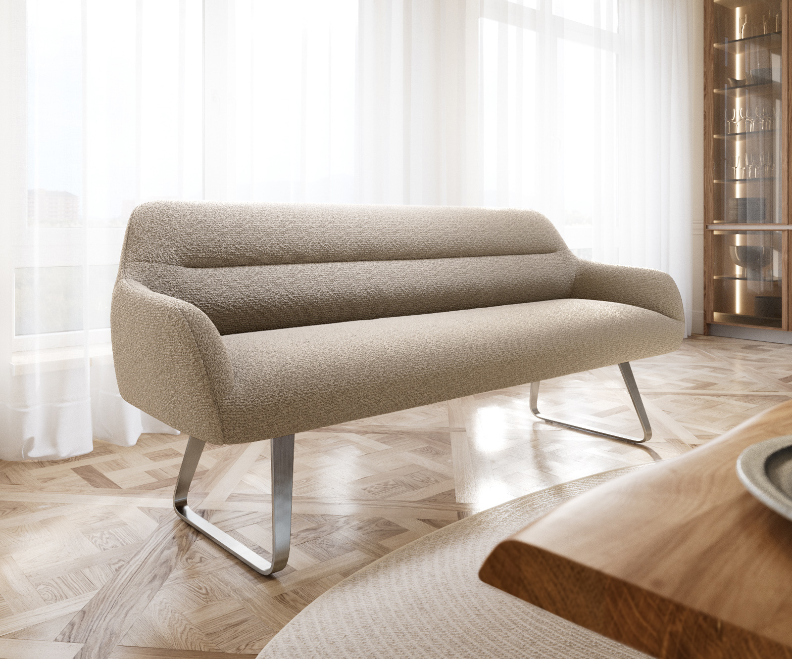 Jedálenská lavica Taya-Flex 200 cm bouclé tmavobéžová tenká podstava plochá nerezová oceľ vrecková pružina