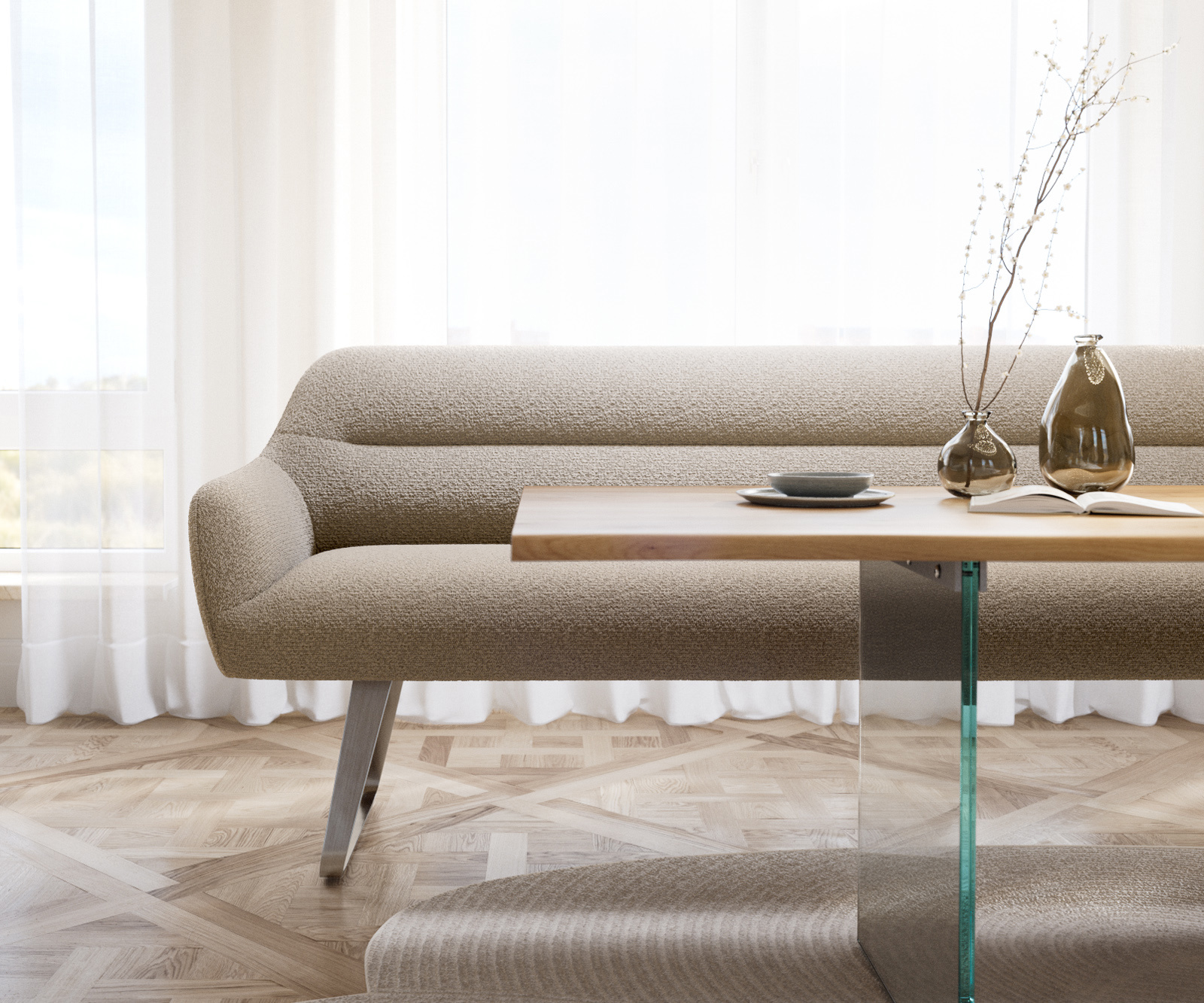 Jedálenská lavica Taya-Flex 200 cm bouclé tmavobéžová tenká podstava plochá nerezová oceľ vrecková pružina - Image 2