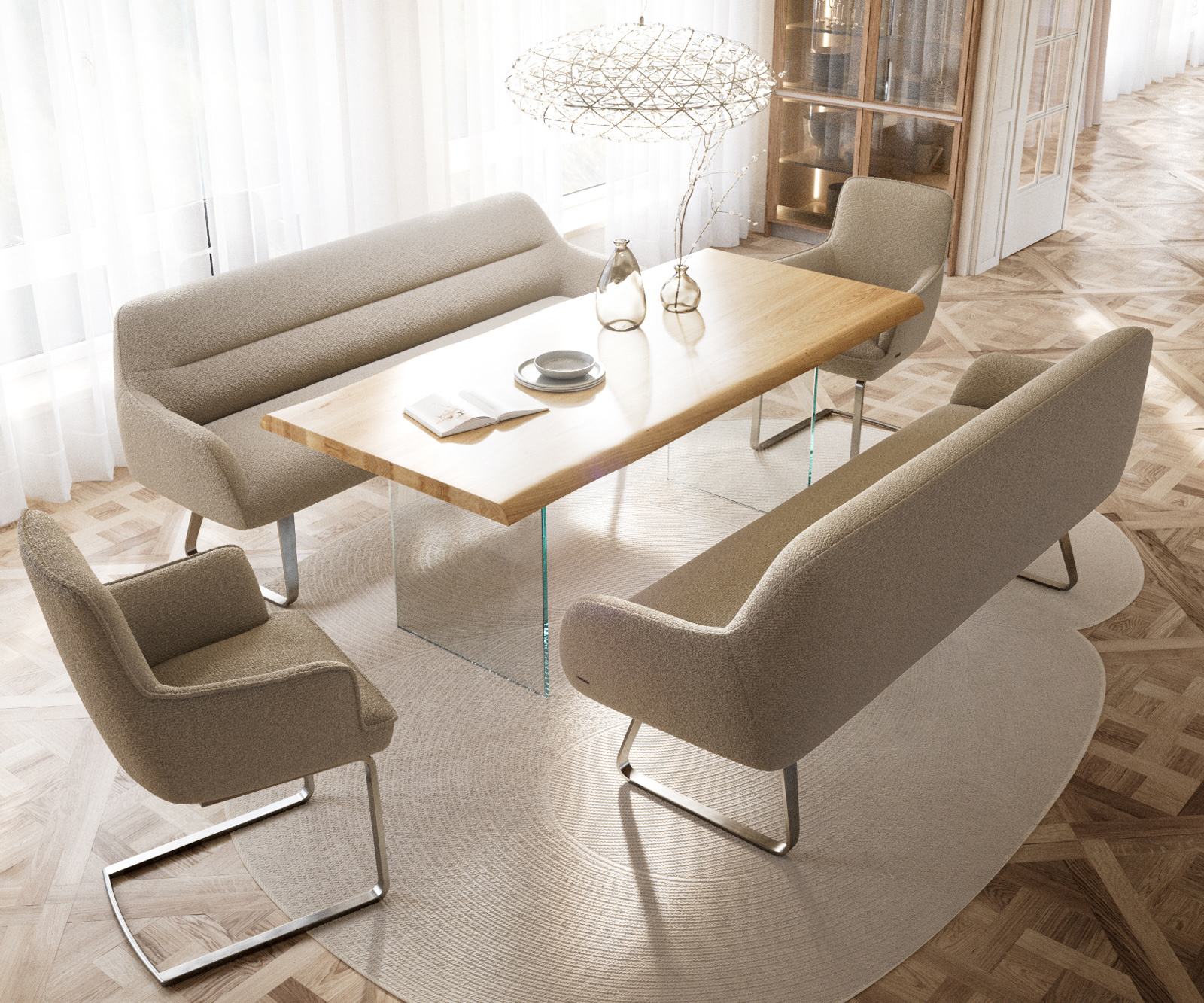 Jedálenská lavica Taya-Flex 200 cm bouclé tmavobéžová tenká podstava plochá nerezová oceľ vrecková pružina - Image 4