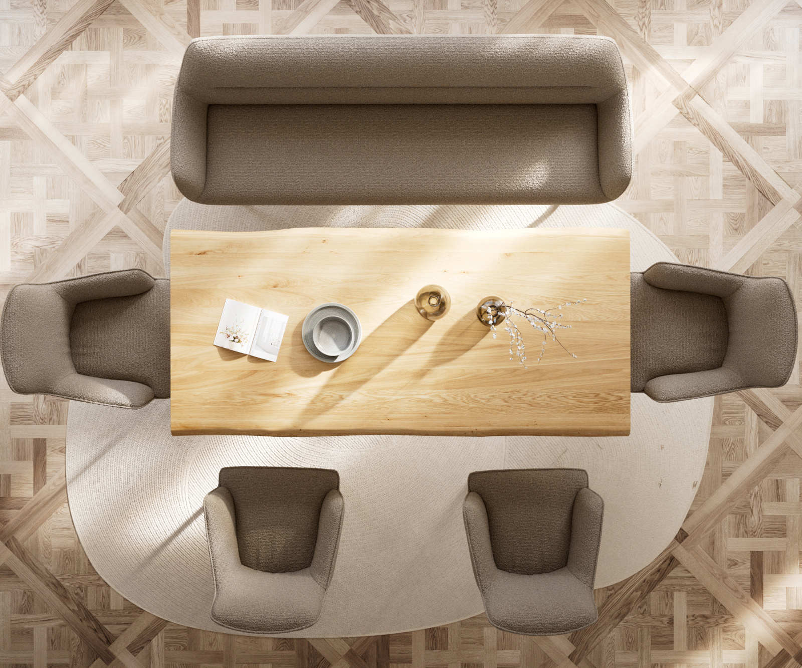 Jedálenská lavica Taya-Flex 200 cm bouclé tmavobéžová tenká podstava plochá nerezová oceľ vrecková pružina - Image 5