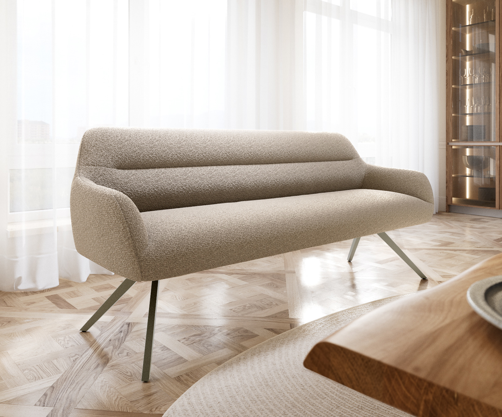 Jedálenská lavica Taya-Flex 200 cm bouclé tmavobéžová krížová podstava hranatá titánová farba vrecková pružina