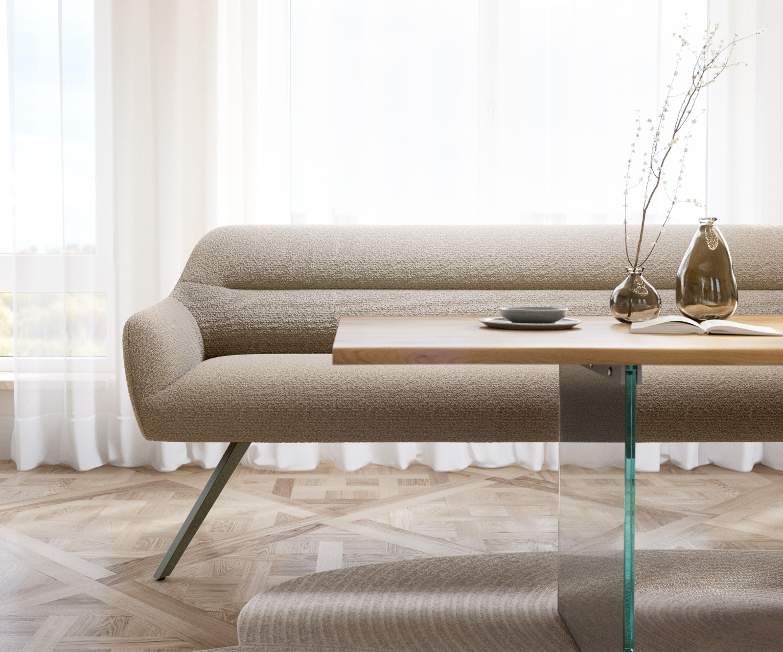 Jedálenská lavica Taya-Flex 200 cm bouclé tmavobéžová krížová podstava hranatá titánová farba vrecková pružina - Image 2