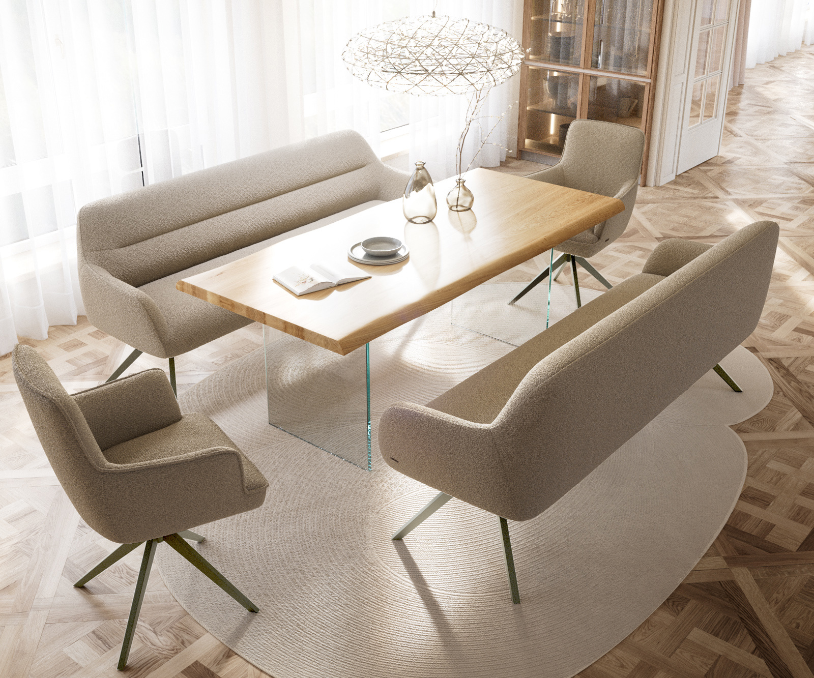 Jedálenská lavica Taya-Flex 200 cm bouclé tmavobéžová krížová podstava hranatá titánová farba vrecková pružina - Image 4