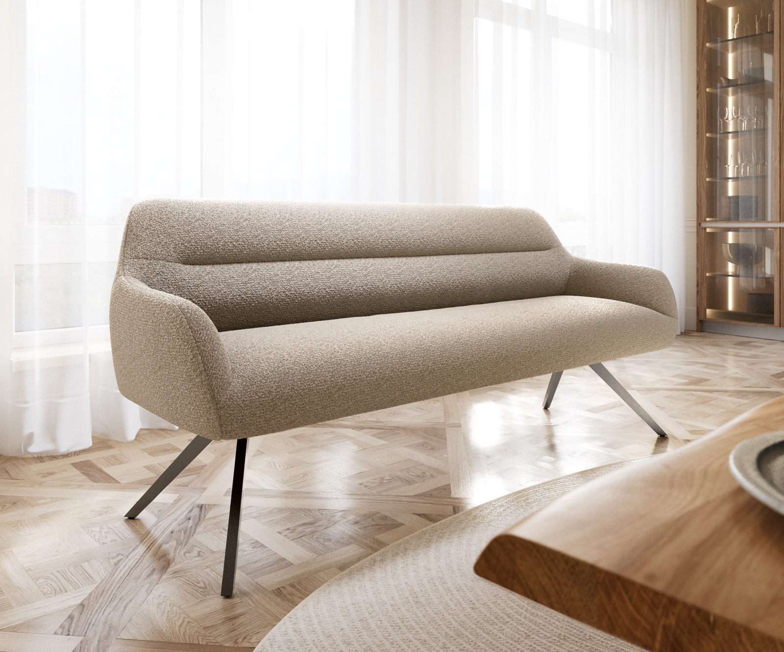 Jedálenská lavica Taya-Flex 200 cm bouclé tmavobéžová krížová podstava hranatá grafitová vrecková pružina