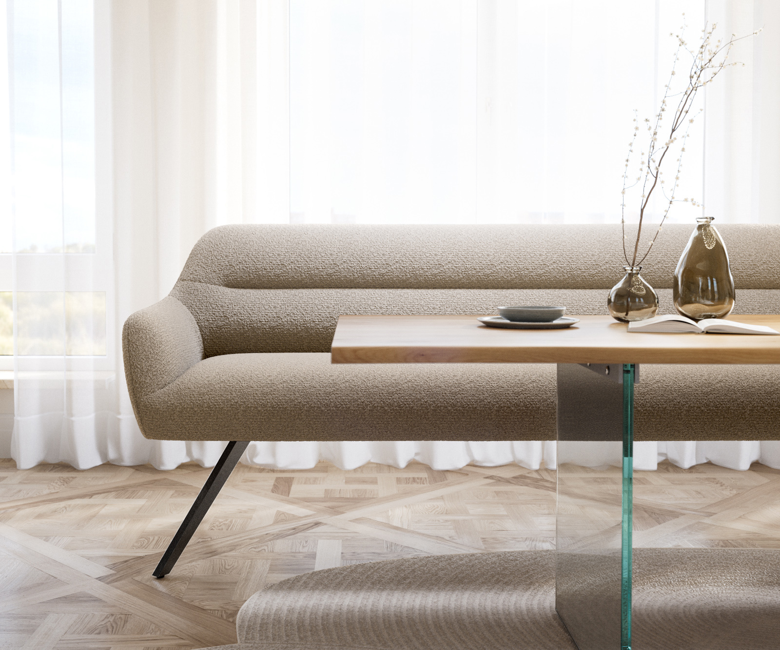 Jedálenská lavica Taya-Flex 200 cm bouclé tmavobéžová krížová podstava hranatá grafitová vrecková pružina - Image 2