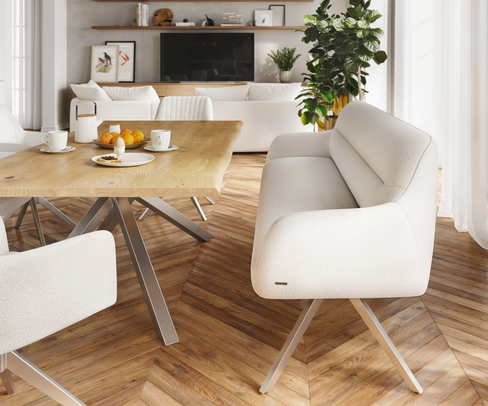 Jedálenská lavica Taya-Flex 200 cm bouclé bielo-krémová hranatá krížová podstava nerezová oceľ vrecková pružina - Image 2