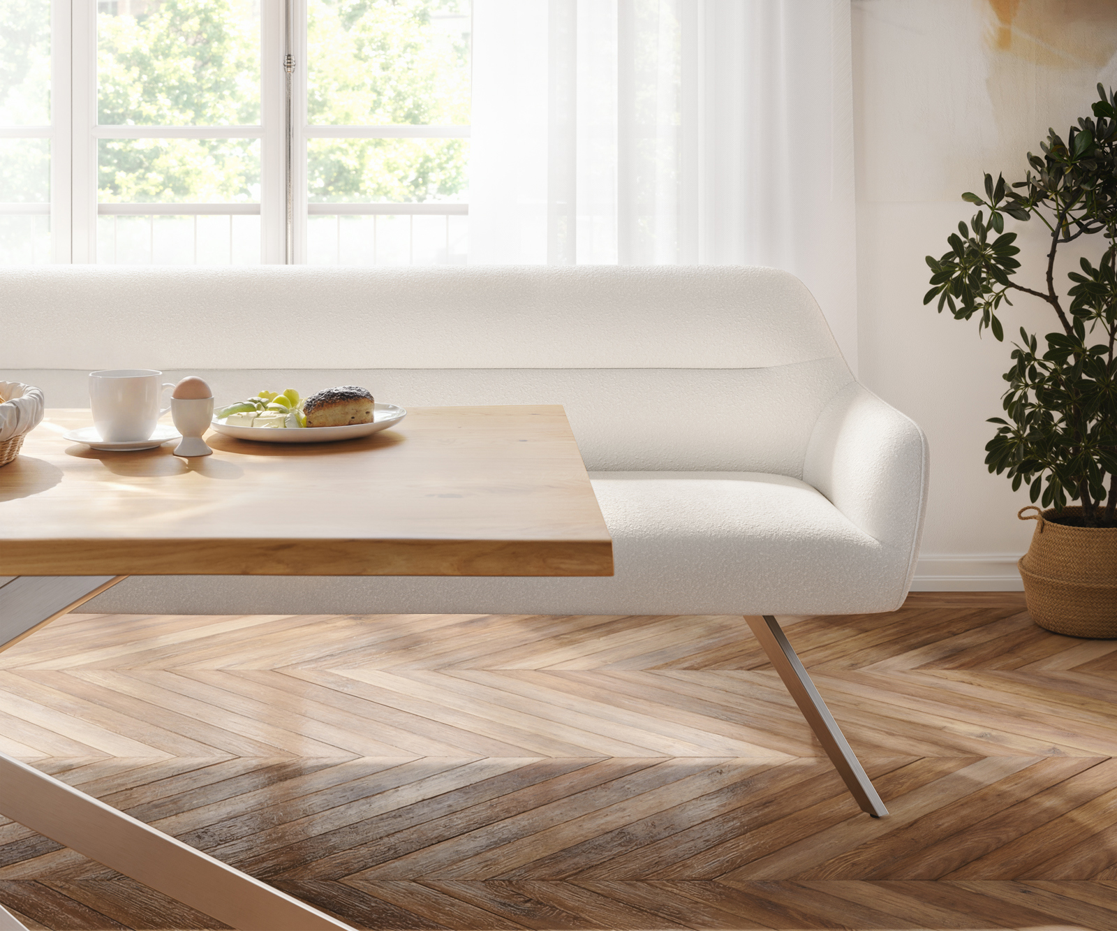 Jedálenská lavica Taya-Flex 200 cm bouclé bielo-krémová hranatá krížová podstava nerezová oceľ vrecková pružina - Image 4