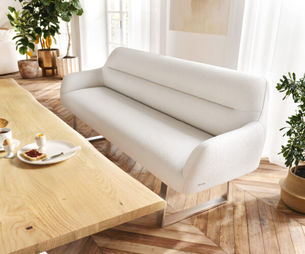 Jedálenská lavica Taya-Flex 200 cm bouclé bielo-krémová tenká podstava hranatá nerezová oceľ vrecková pružina