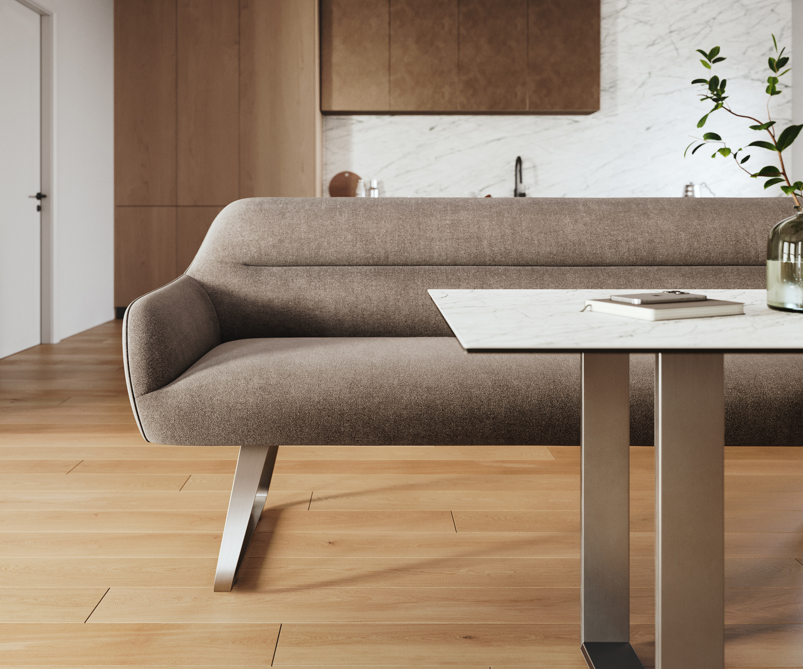 Jedálenská lavica Taya-Flex 300 cm texturovaná látka mäkká taupe tenká podstava plochá nerezová oceľ vrecková pružina - Image 2