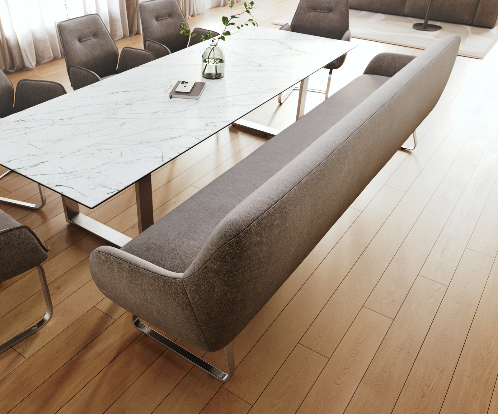 Jedálenská lavica Taya-Flex 300 cm texturovaná látka mäkká taupe tenká podstava plochá nerezová oceľ vrecková pružina - Image 4